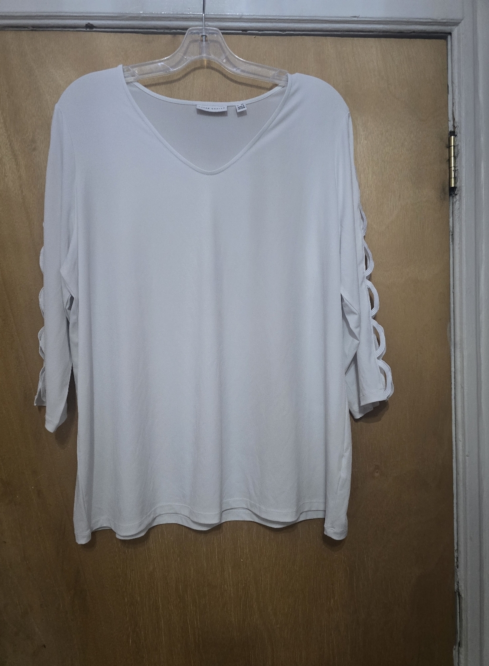 Susan Graver Lightweight White V-Neck Women's Top with Lattice Sleeves